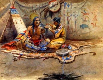  1899 Oil Painting - indian beauty parlor 1899 Charles Marion Russell